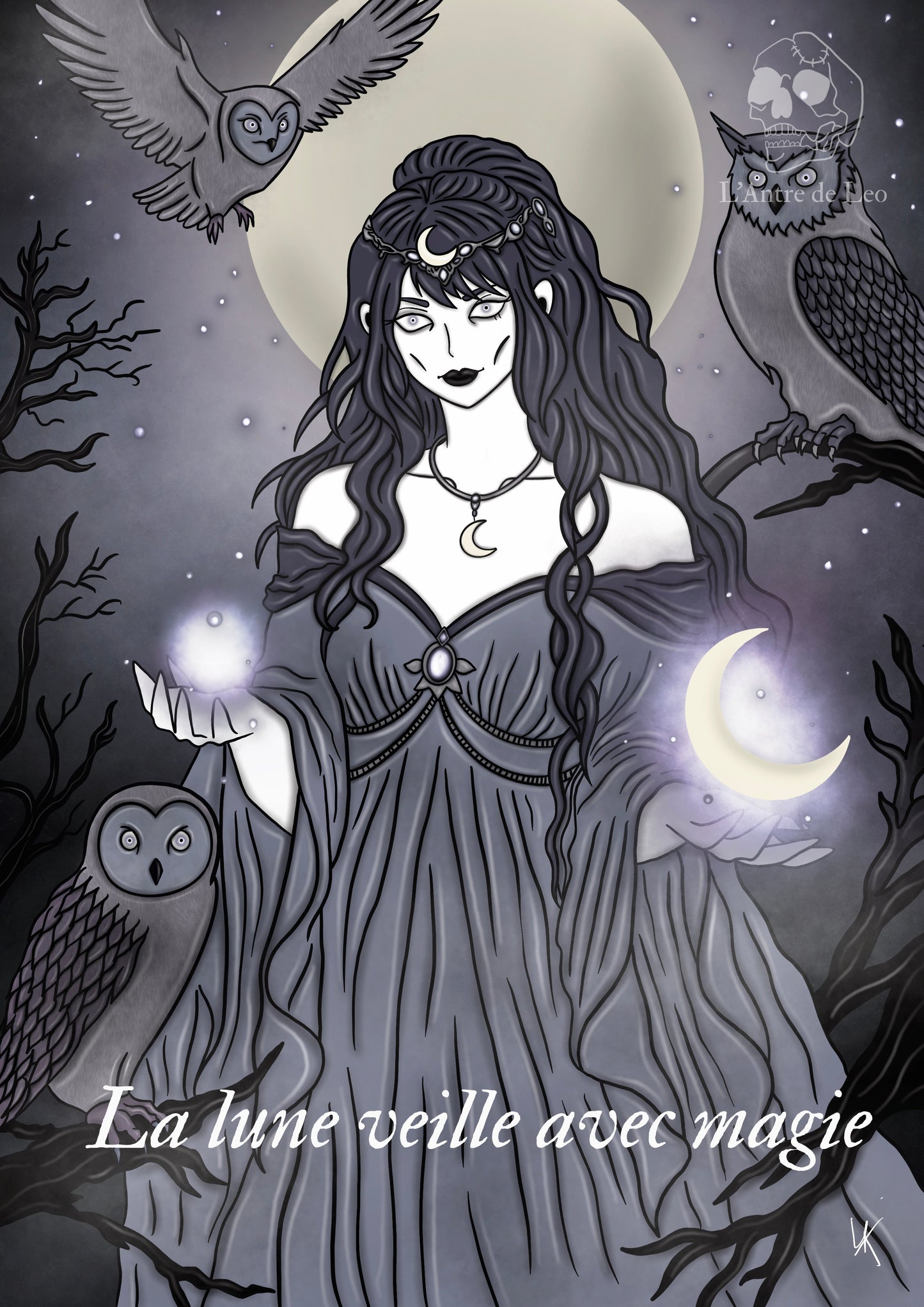 Illustration "Sorcière de la lune et des chouettes"