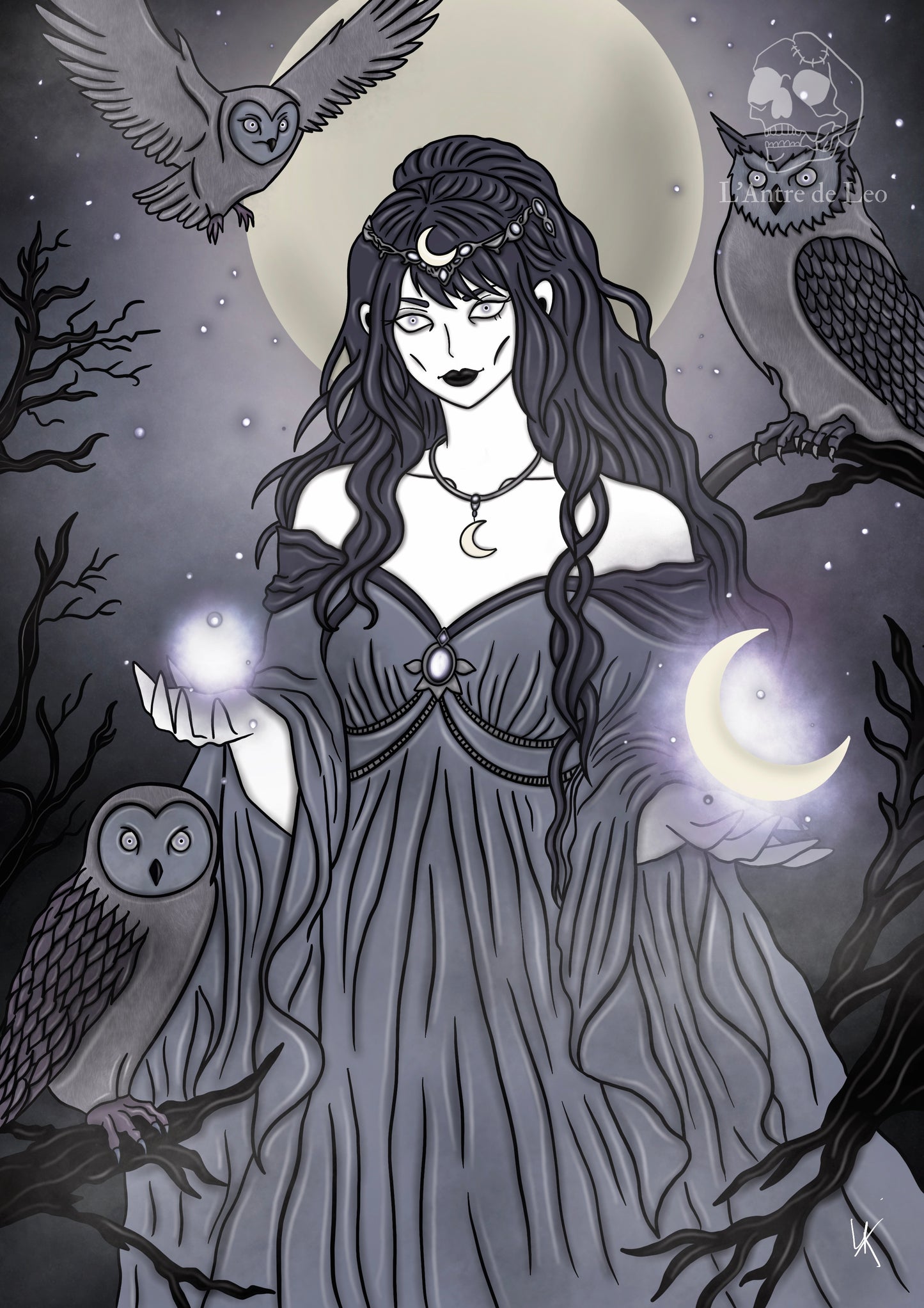 Illustration "Sorcière de la lune et des chouettes"